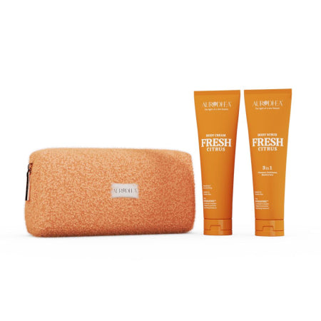 Ensemble Fresh Citrus Aurodhea : gommage 3-en-1 et crème hydratante parfum agrumes avec trousse assortie.