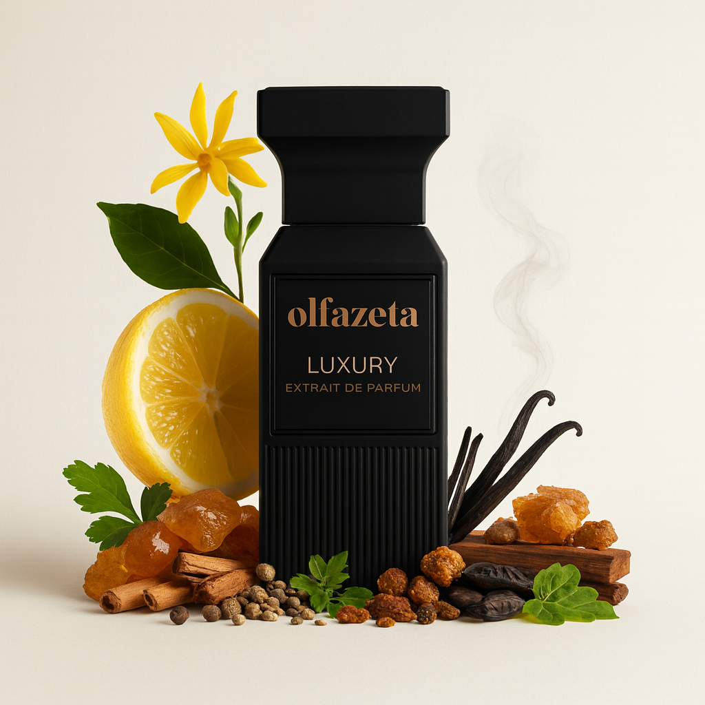 Parfum Luxury 102 mixte – bouteille noire, accords ambrés & résineux avec santal, poivre, patchouli, tonka.