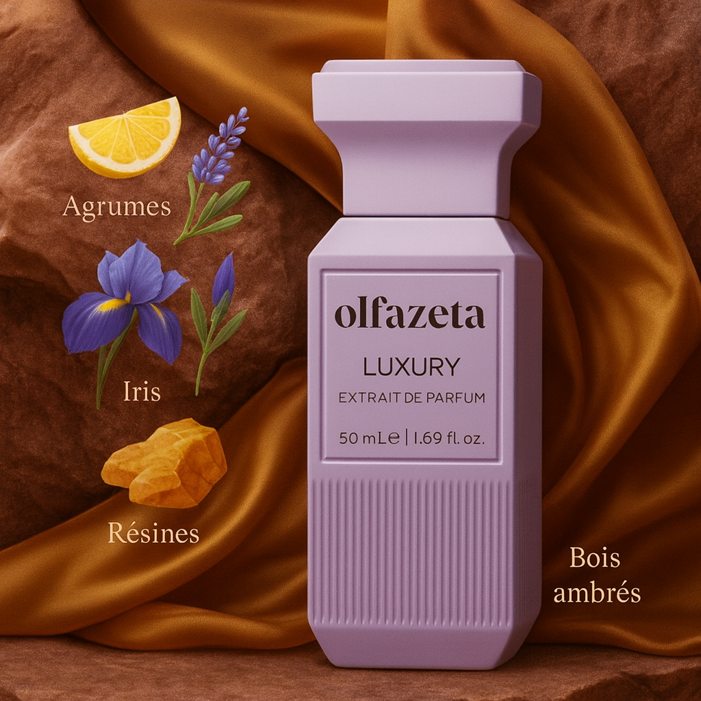 Parfum mixte ambré aux accents d’agrumes et lavande — flacon mauve sur fond minéral