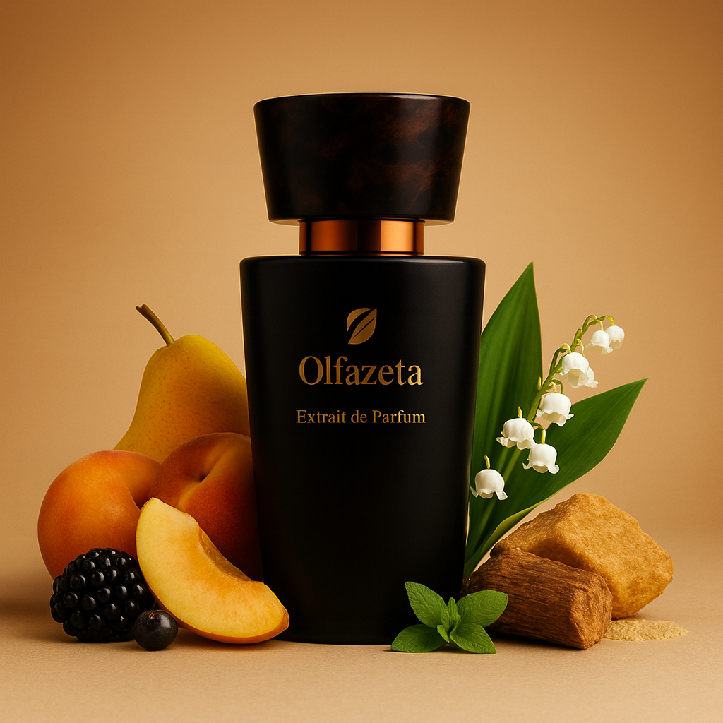 Flacon noir Olfazeta N°110 – parfum île ensoleillée : fruits juteux, muguet, bois de santal, patchouli, musc