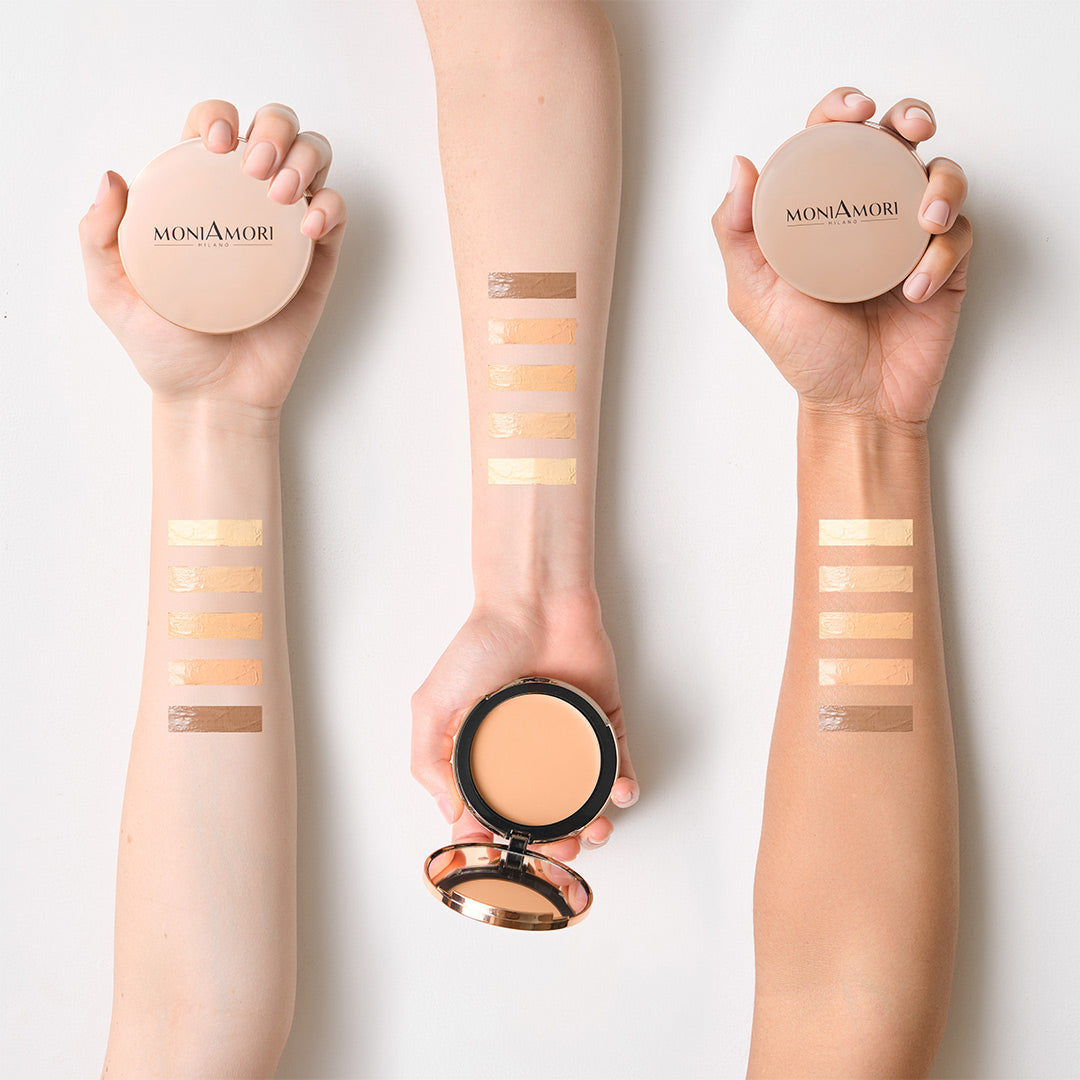 Nuancier des teintes du fond de teint compact Solar Defence SPF 30 MoniAmori – comparaison des couleurs disponibles