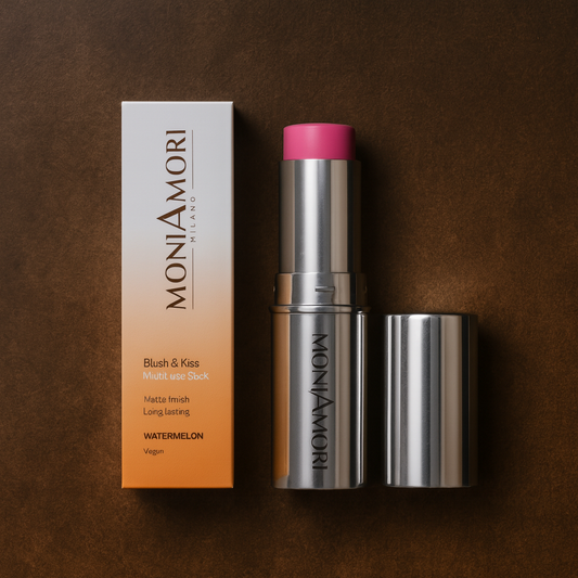 Blush & Kiss Stick MoniAmori – stick 2-en-1 vegan pour teint et lèvres, teinte Watermelon.