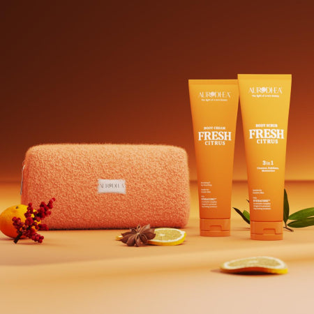 Coffret Aurodhea Fresh Citrus comprenant gommage, crème corps et trousse Teddy – soins hydratants aux agrumes.