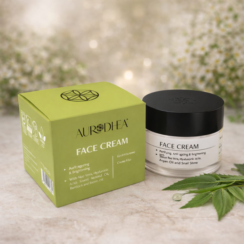 Crème visage anti-âge Aurodhea à la bave d’escargot avec pot et emballage