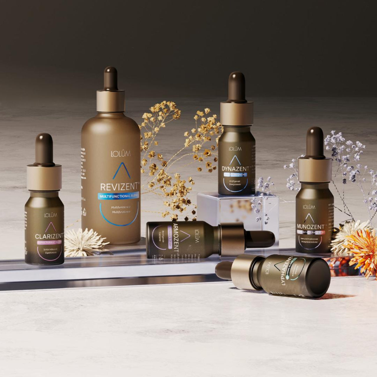 Kit de 6 huiles essentielles Lolûm comprenant Clarizent, Armozent, Dynazent, Munozent, LypHazent et Revizent.