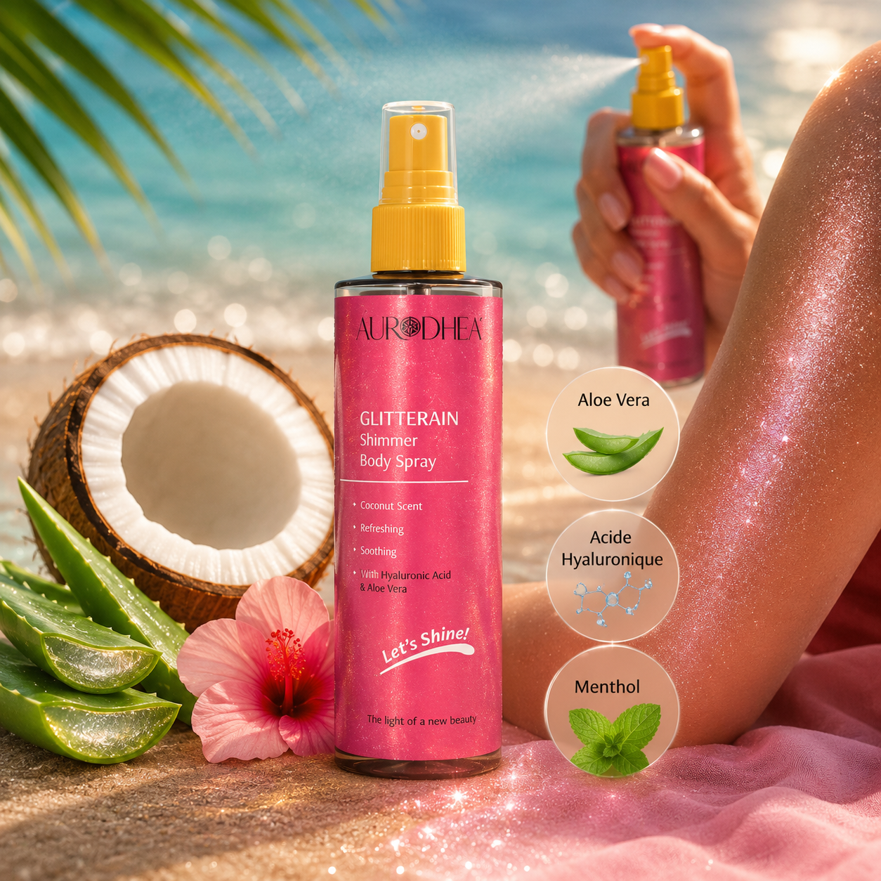 Spray pailleté rose GLITTERAIN Aurodhea parfum coco avec aloe vera et acide hyaluronique