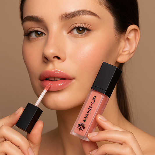 Une femme applique le gloss repulpant Chogan Make-Up sur ses lèvres, mettant en valeur leur brillance et leur volume naturel. Le flacon rectangulaire noir du produit est visible, symbole d’élégance et de soin des lèvres.