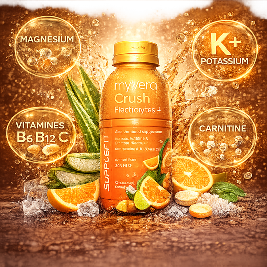 MYVERA CRUSH Electrolytes+ saveur orange avec Aloe Vera, magnésium et potassium pour l’hydratation et la récupération.