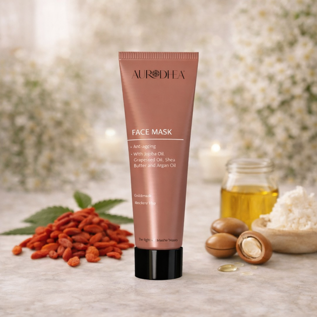 Masque visage anti-âge à l’huile d’argan Aurodhea en tube rose sur fond élégant