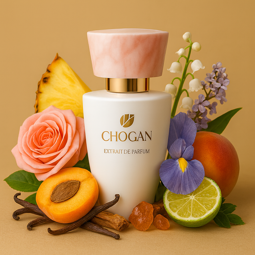 Parfum-rose-pêche-abricot-ananas-bergamote-jasmin-iris-héliotrope-vanille-santal-ambre-musc