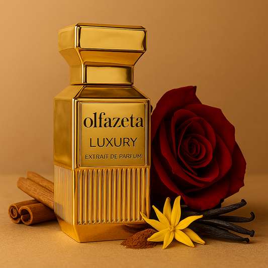 Flacon doré du parfum mixte Luxury Chogan N°106 – extrait de parfum, notes lavande, sauge sclarée, amande, cuir et vanille