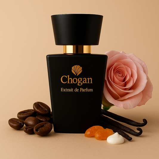 Flacon noir Chogan Extrait de Parfum 105 avec décor café et rose