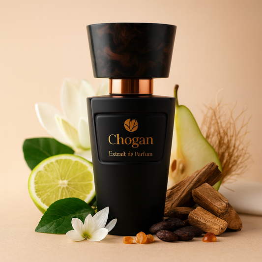 Flacon noir Chogan n°037 — extrait de parfum homme avec bergamote, feuille de violette, lotus et poire