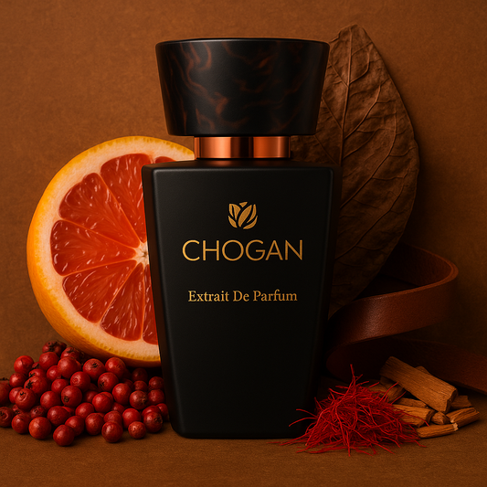 Flacon noir Chogan Extrait de Parfum N°032 avec poivre rose, safran et cannelle, fond cuir, tabac et vétiver.