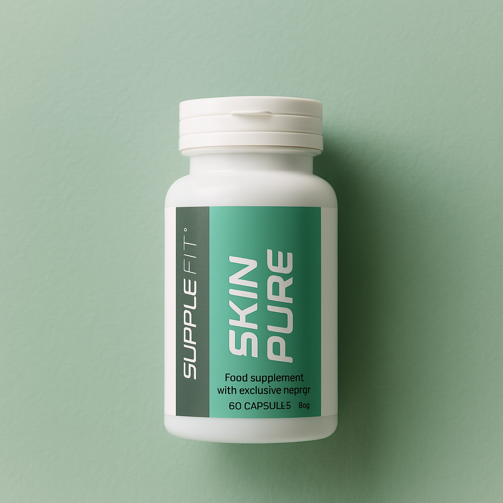 Flacon SKINPURE SuppleFit – formule naturelle au brocoli et bardane pour une peau saine et équilibrée.