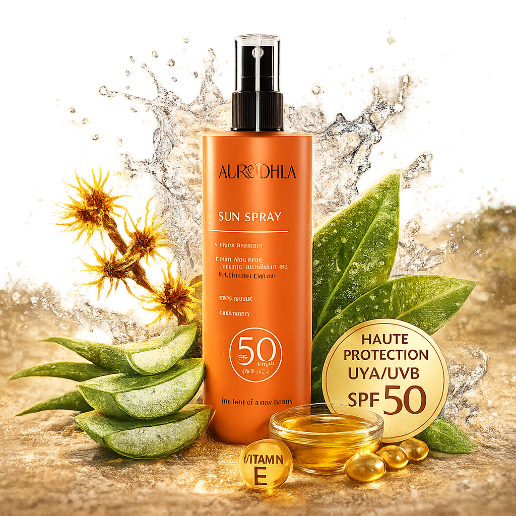 Spray solaire SPF50 Aurodhea protection UVA UVB hydratant sans alcool
