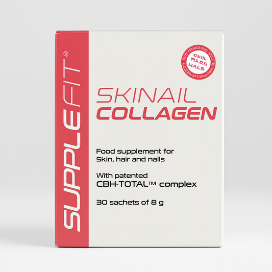 Supplément alimentaire SUPPLEFIT SKINAIL COLLAGEN – Collagène pour la peau, les cheveux et les ongles, présenté avec un smoothie riche et naturel.